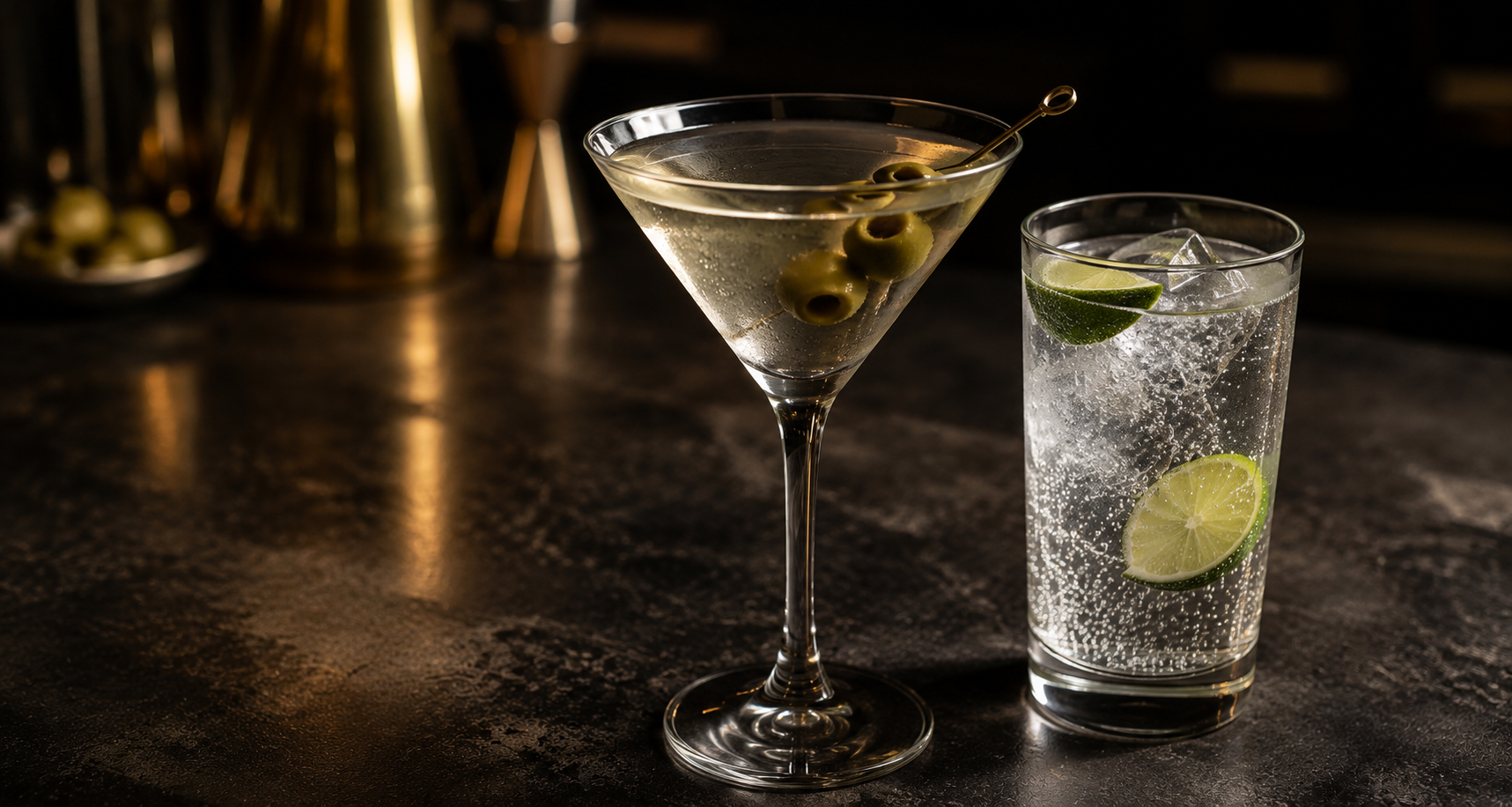 A soda with lime and a dry martini on a bar top
