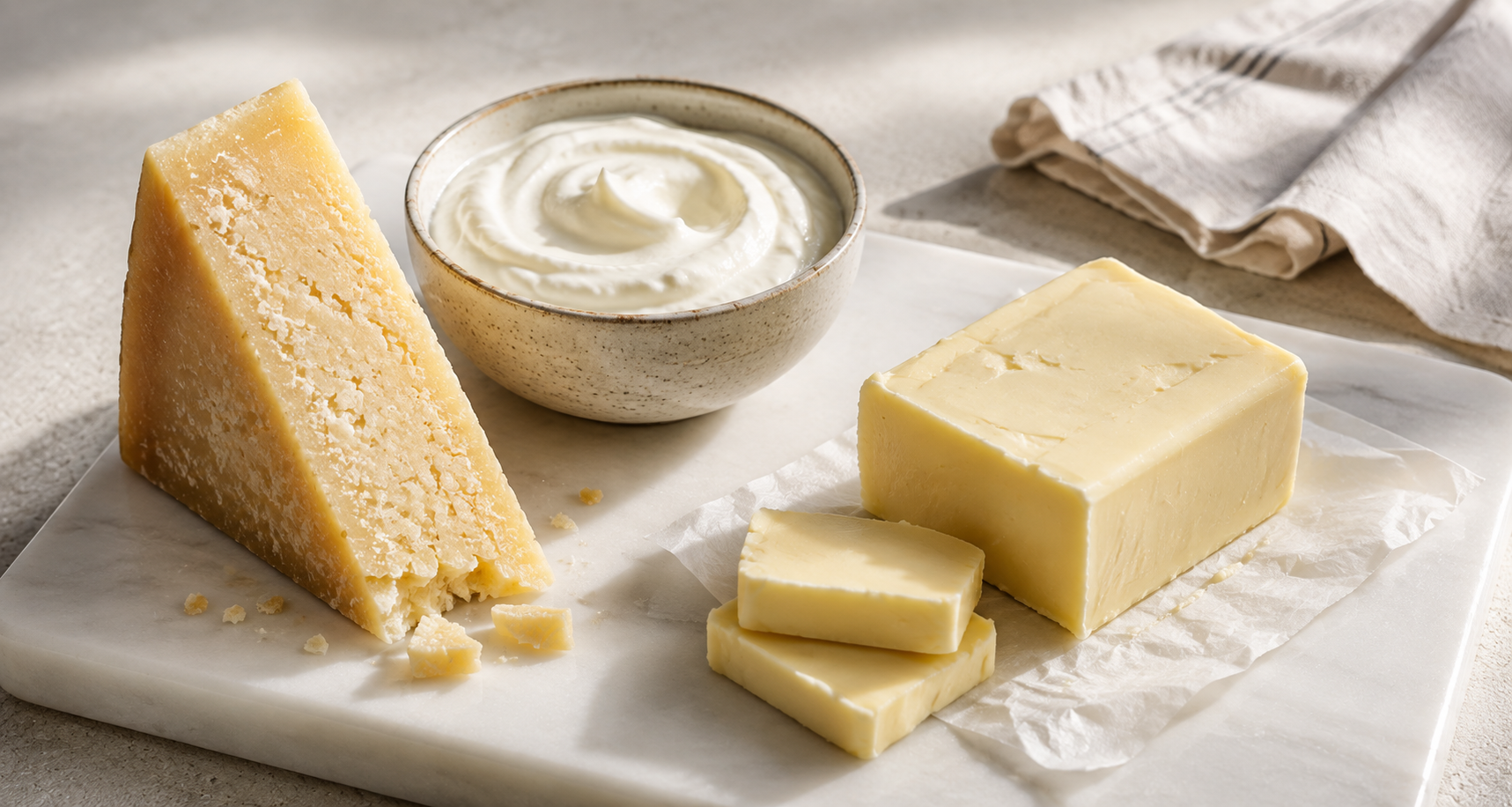 Hard cheese, soured cream and butter on a pale board