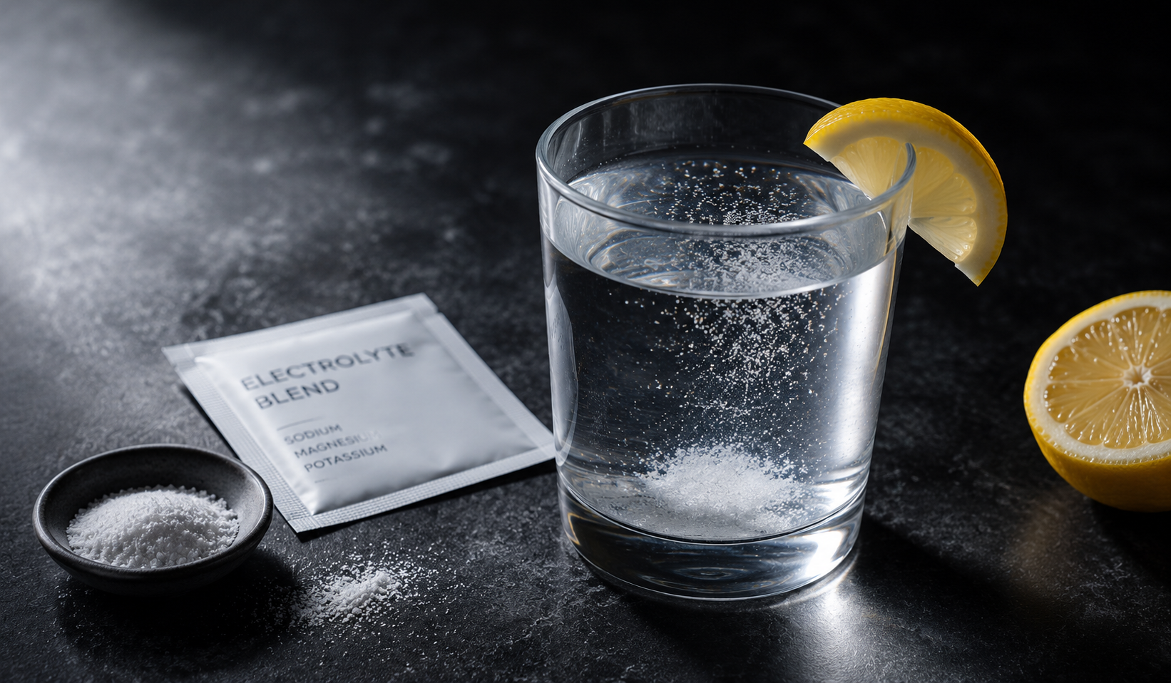 A glass of water with electrolyte salts and a lemon wedge