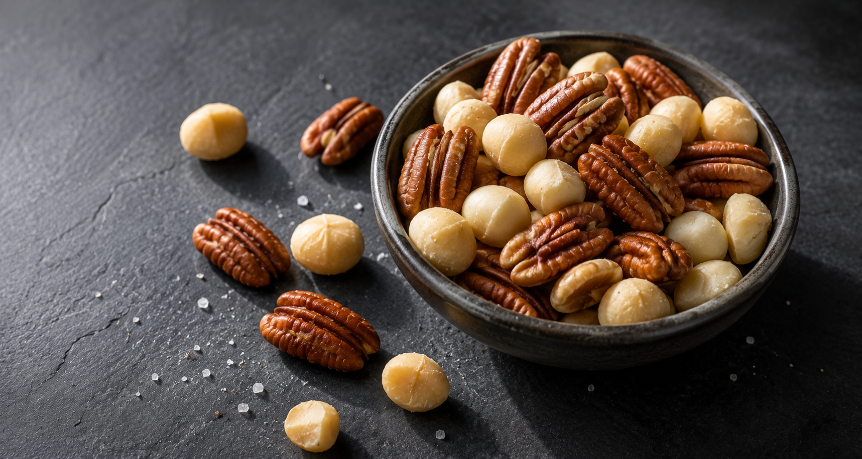 Macadamias and pecan halves in a small bowl