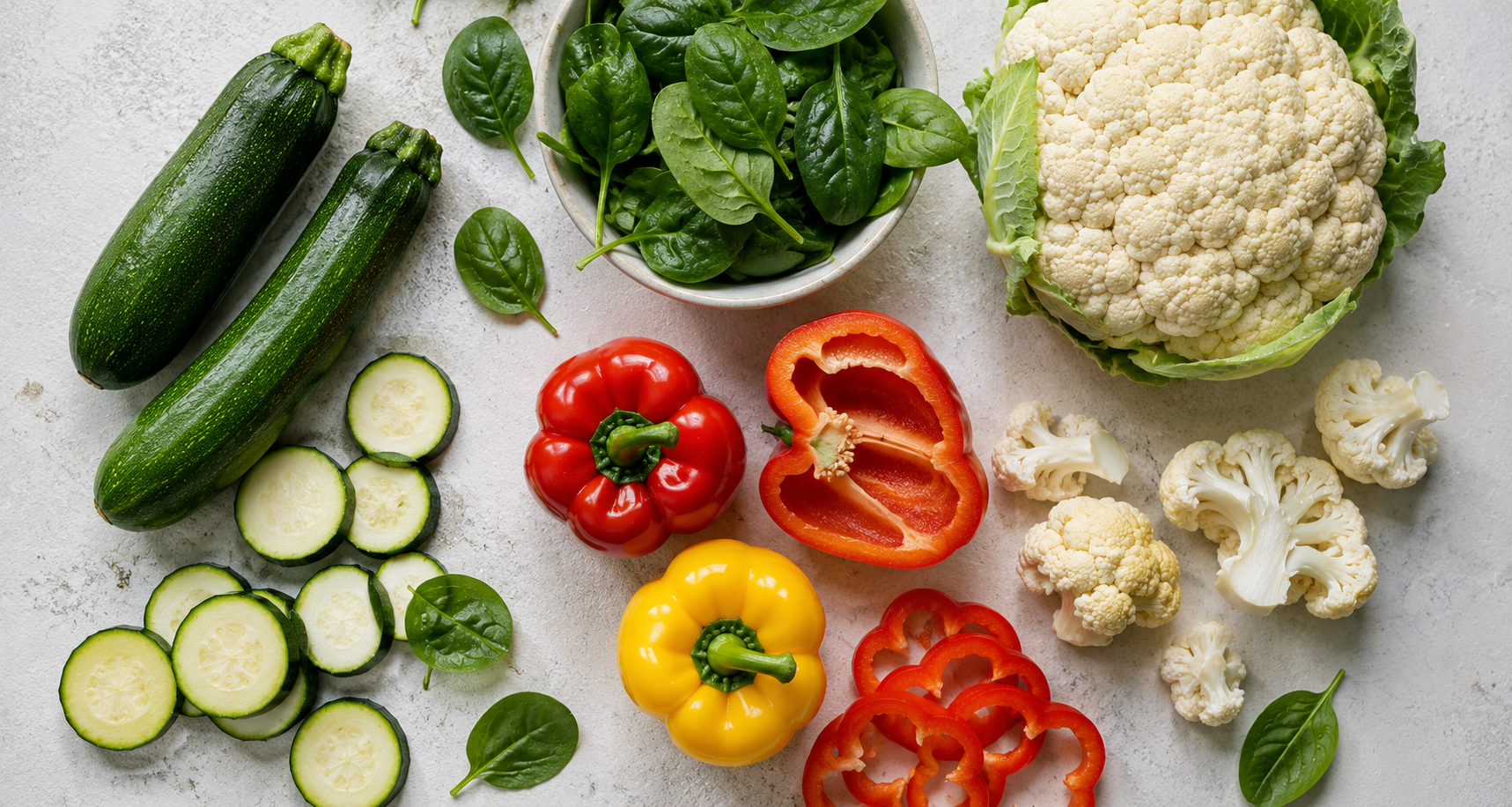 Courgette, spinach, cauliflower and peppers