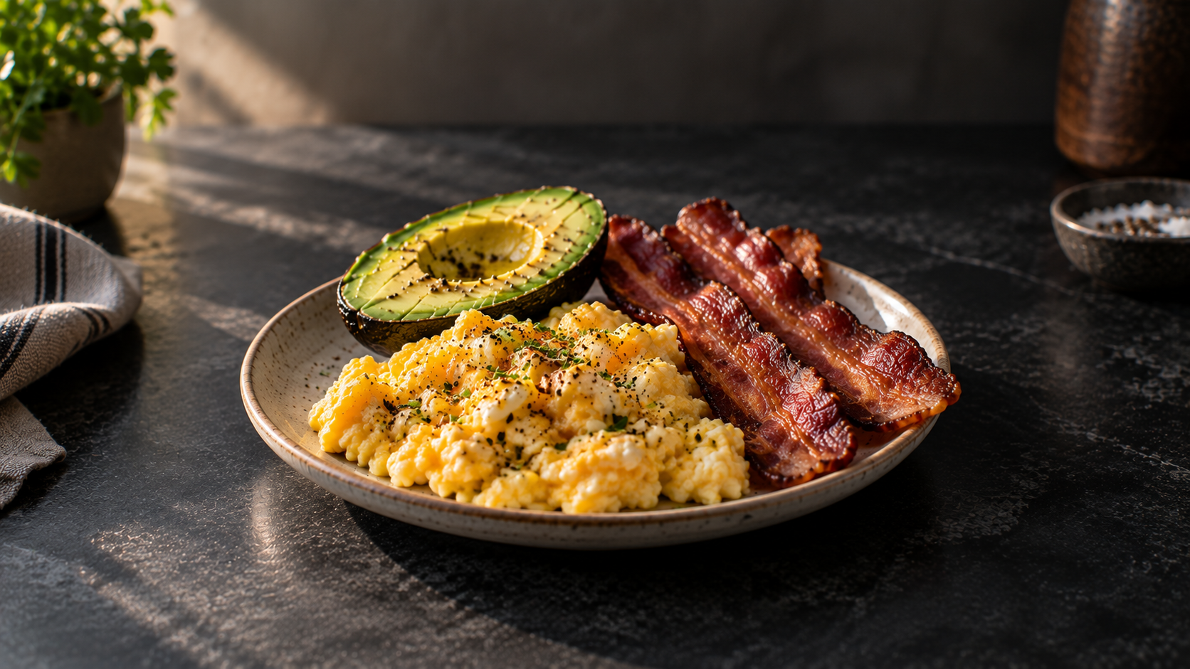 Scrambled eggs with avocado and bacon