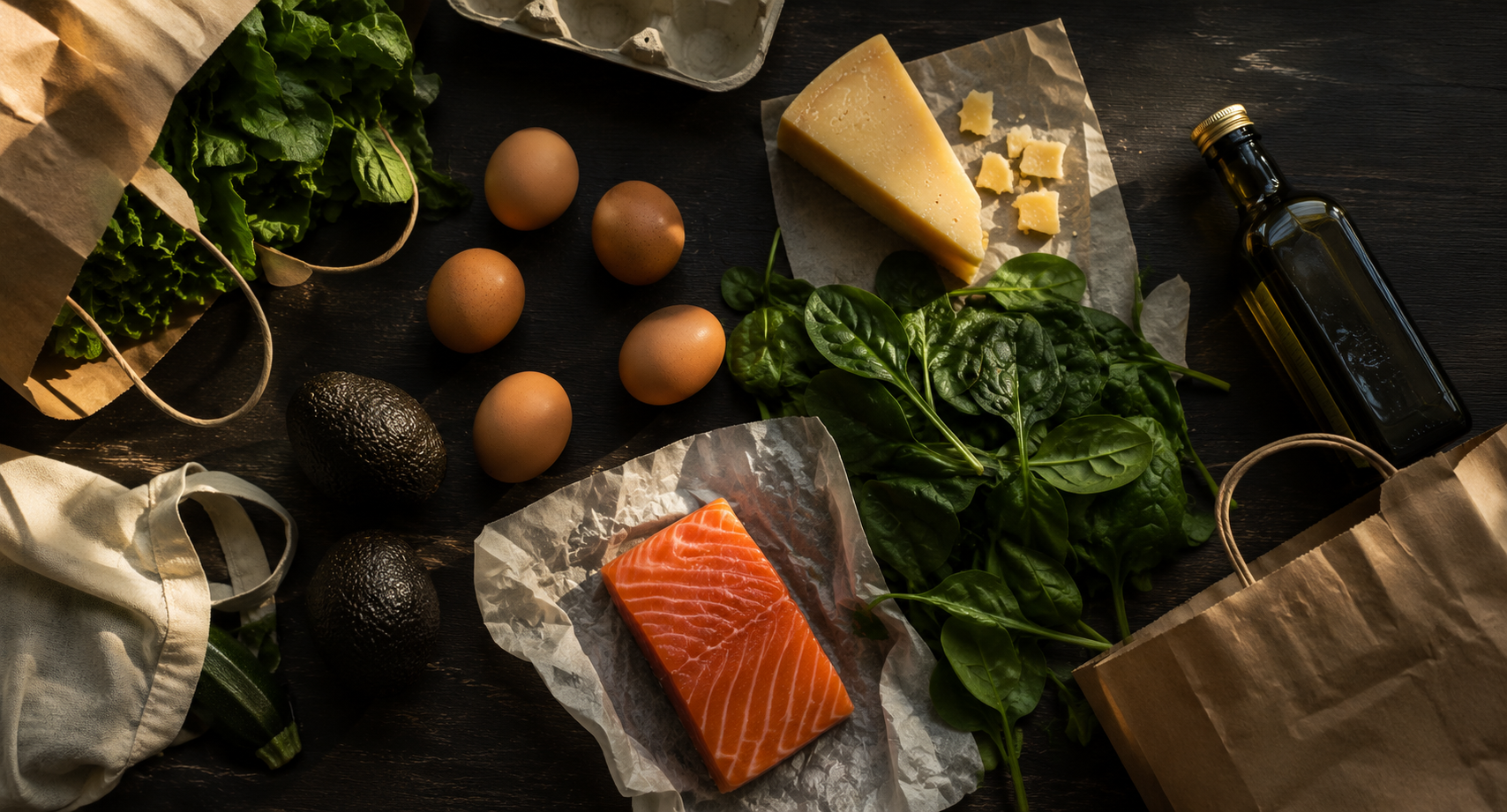 Eggs, cheese, spinach, avocados, salmon and olive oil on a counter